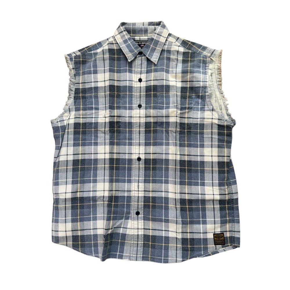 Mens Polo Ralph Lauren Sleeveless Blue‎ Plaid Button Flannel Shirt Size M